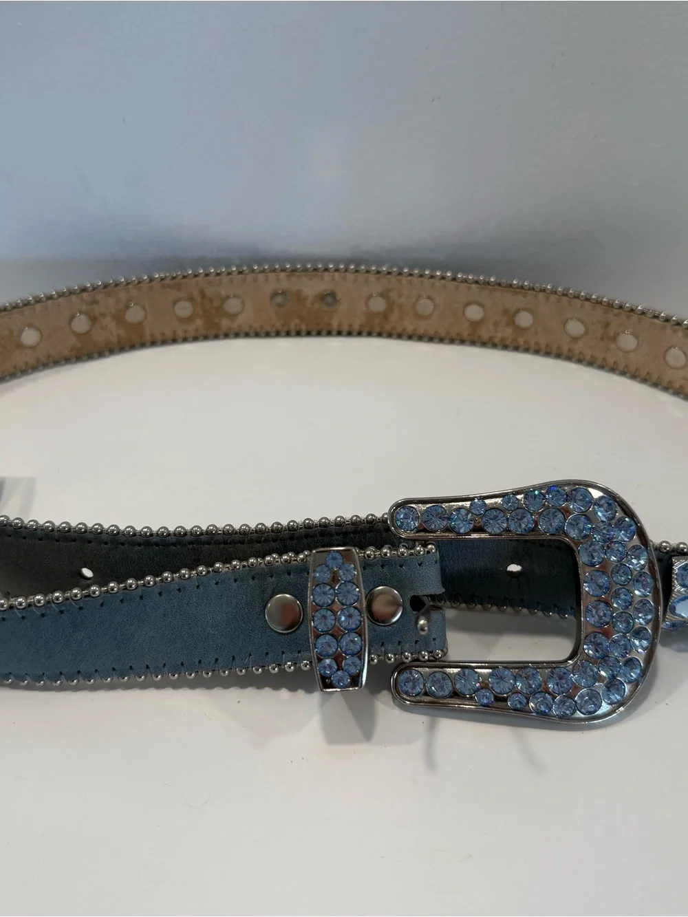 B.B. Simon Swarovski Crystal Embellished Light Blue Leather Belt - Women’s